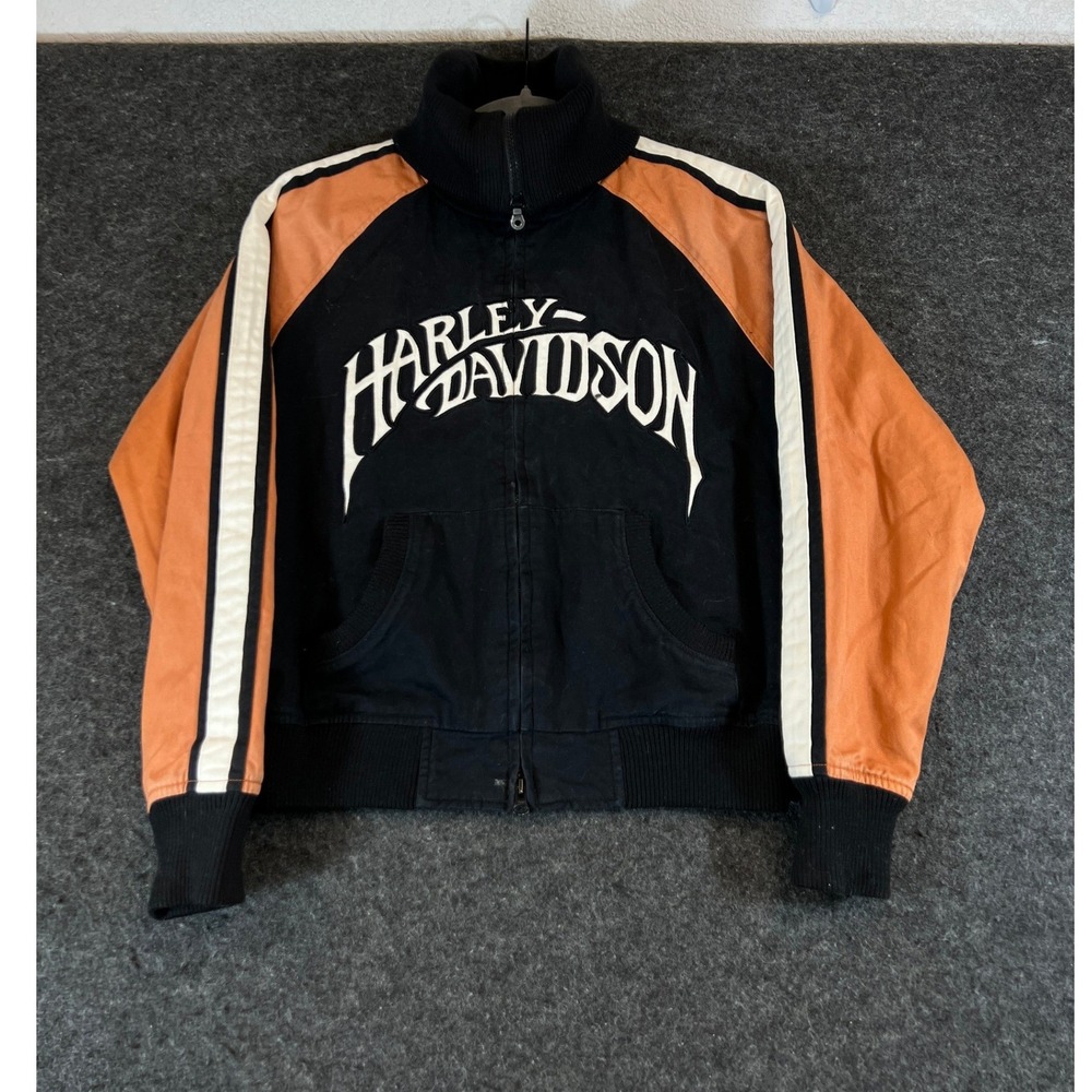 Harley-Davidson Biker Jacket Racing Womens Large Black Orange Moto Embroidered